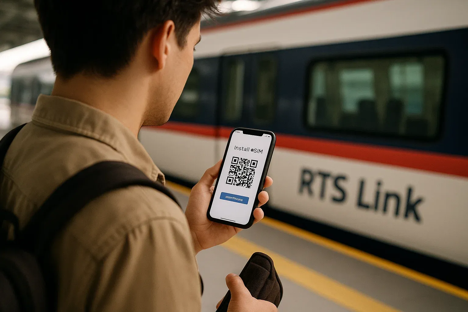 Commuter standing on the RTS Link platform between Singapore and Johor Bahru, using a smartphone with eSIM connectivity; modern transport setting with clean daylight tones