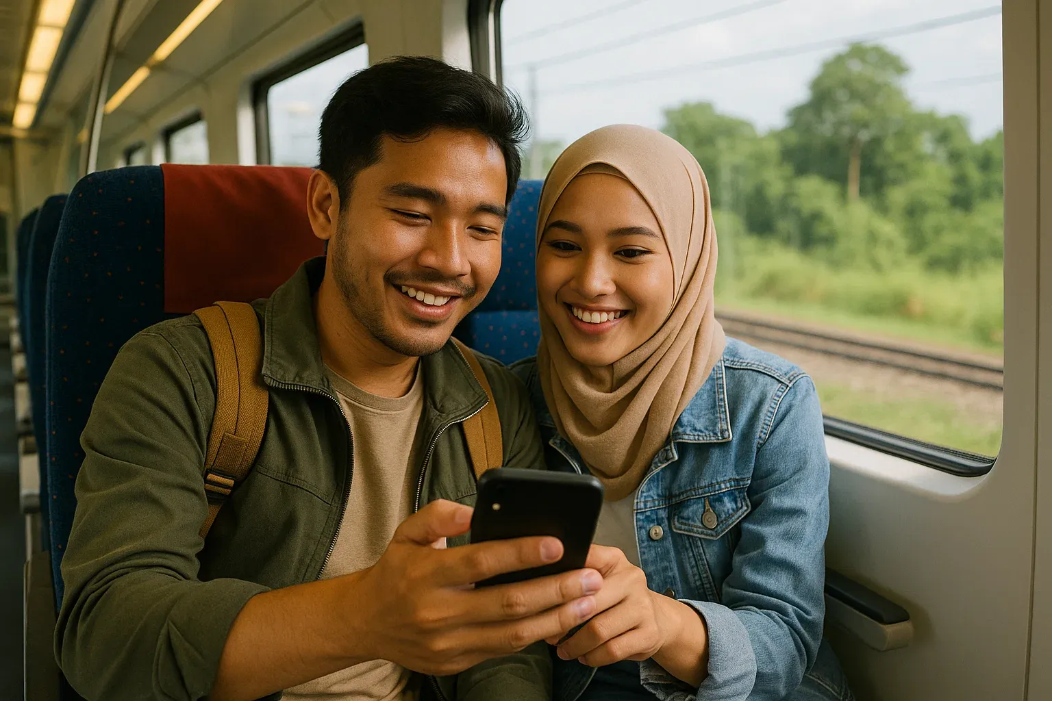 A couple of travelers using their smartphone on a train from KL to Johor Bahru