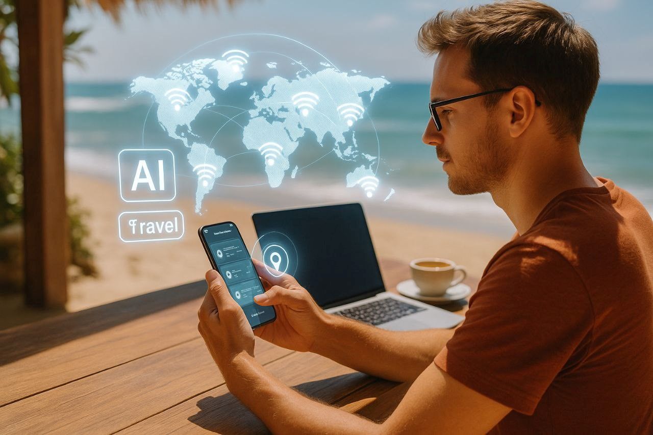 A digital nomad using a smartphone with AI-powered travel apps on a sunny beach café, showing global network signals and holographic maps