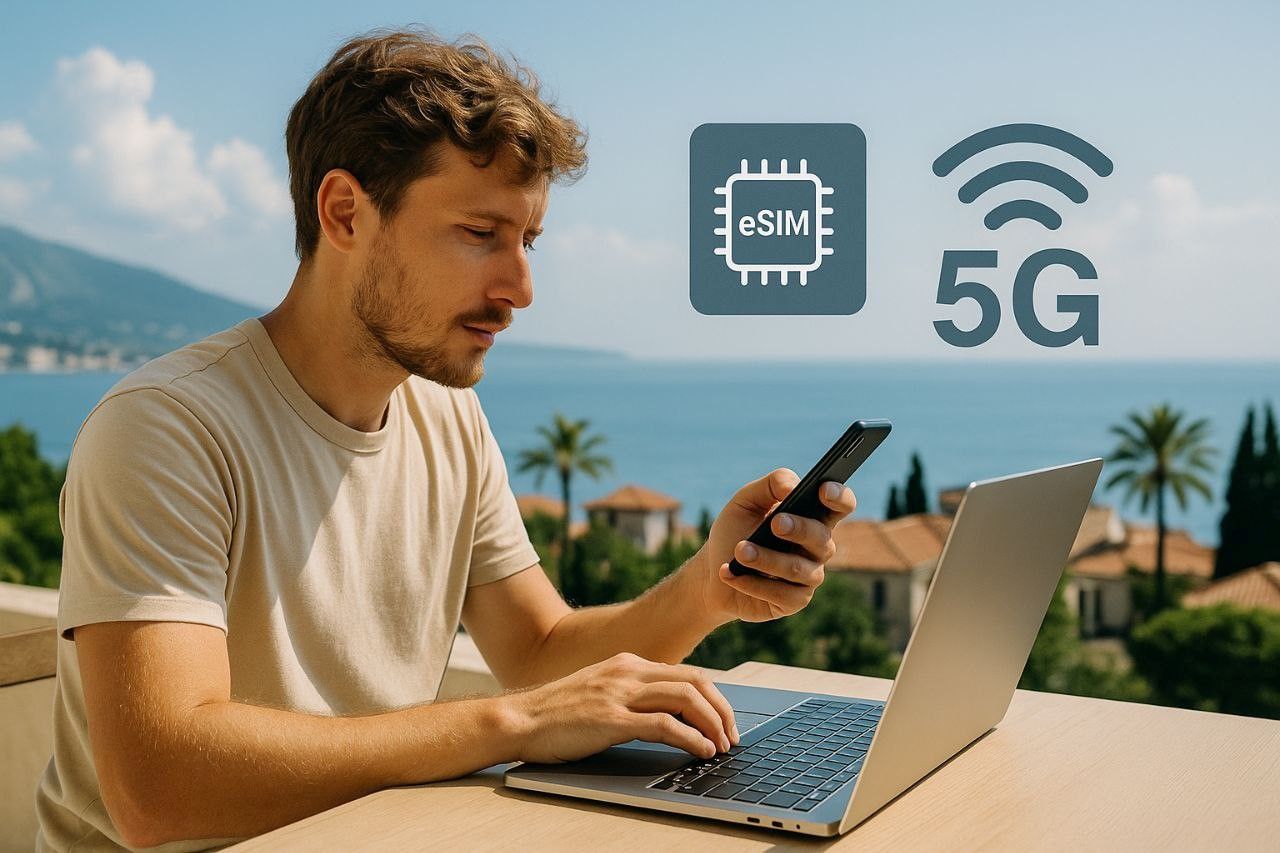 A digital nomad working on a laptop and phone while traveling