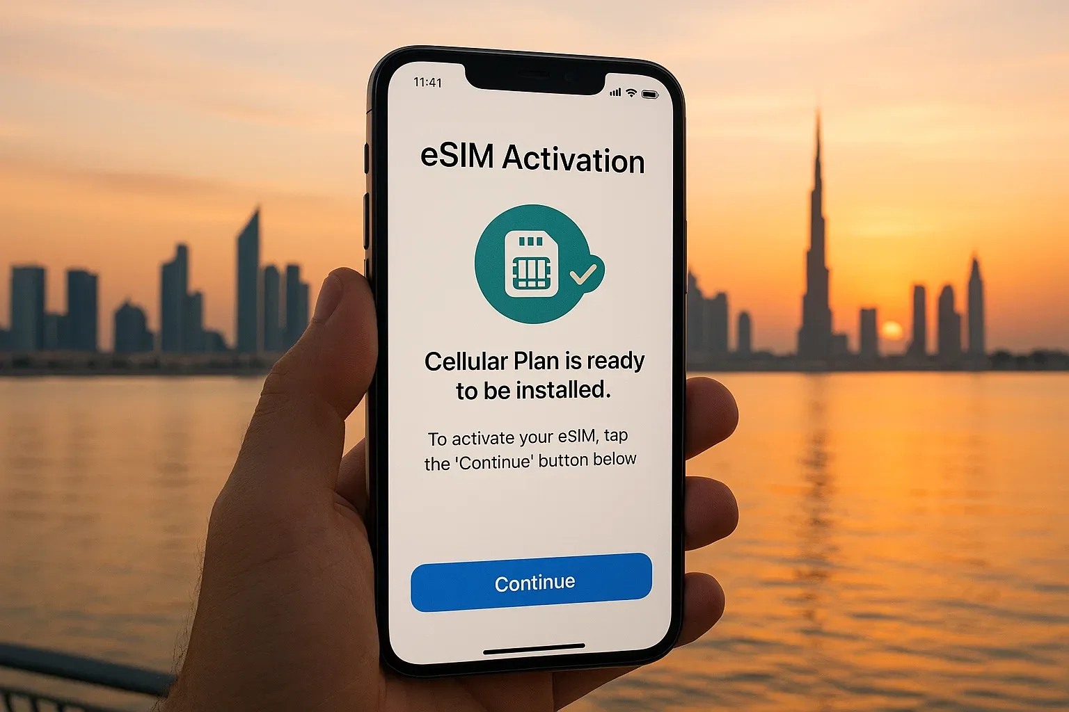 A smartphone displaying eSIM activation while overlooking a Gulf city skyline at sunset; clean instructional mood emphasizing technology and regional travel