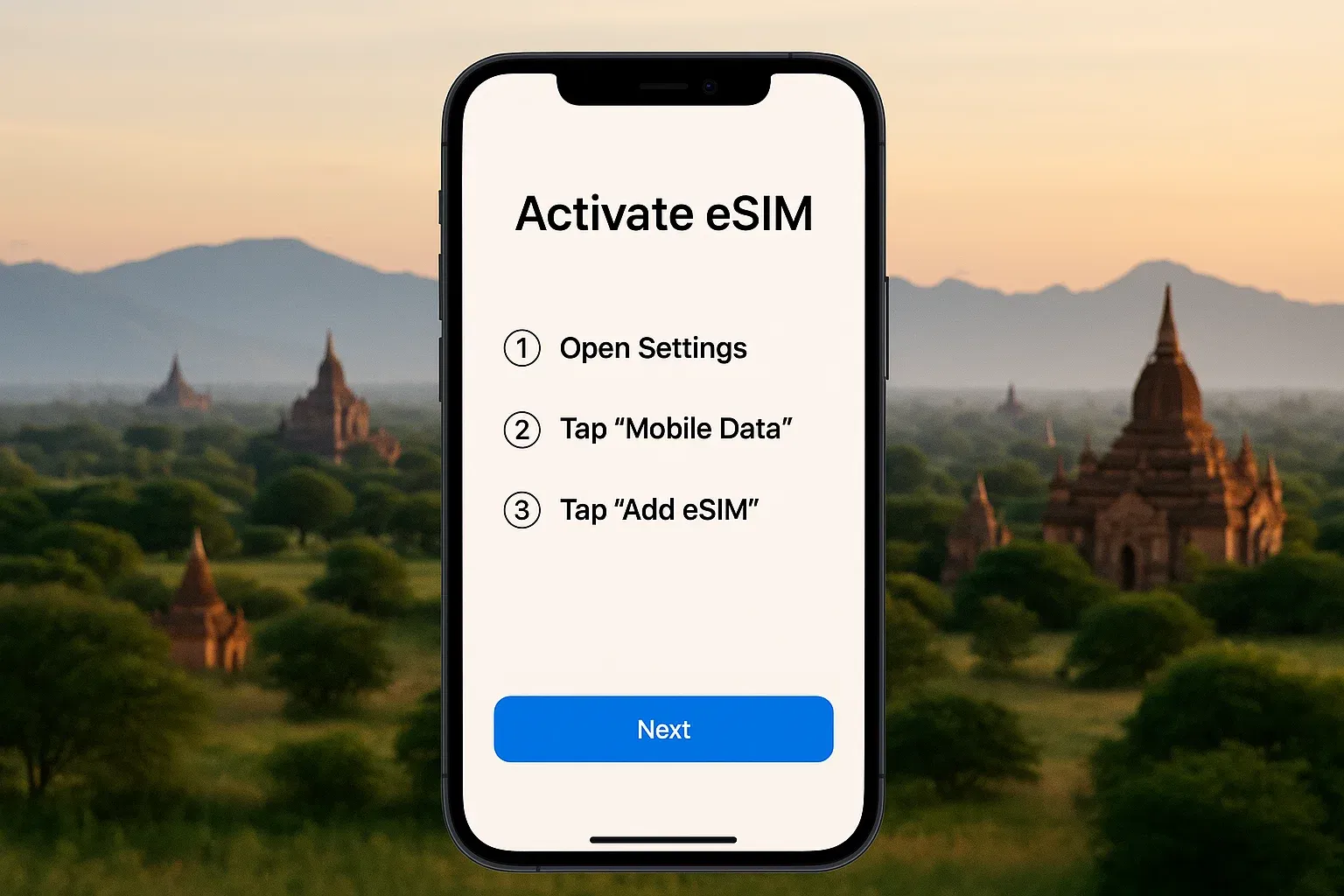 A smartphone screen showing eSIM activation steps while overlooking a Southeast Asian landscape with temples and mountains; clear instructional feel for setup guidance