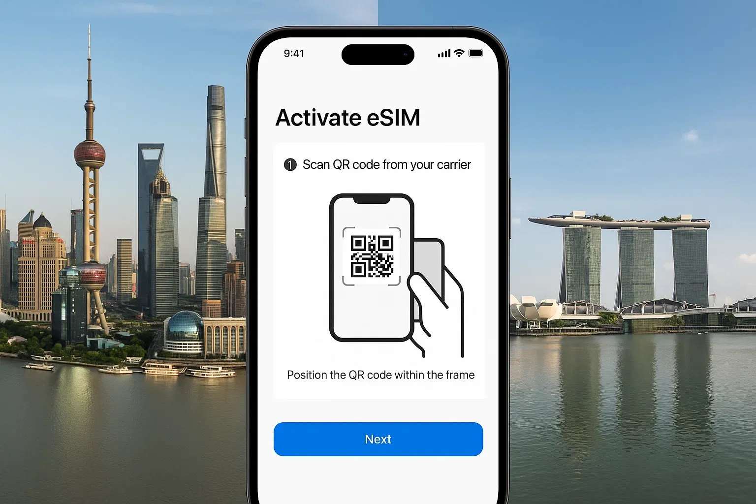 A smartphone showing an eSIM activation screen over a background of Shanghai and Singapore skylines; clean, business-focused tone for step-by-step clarity