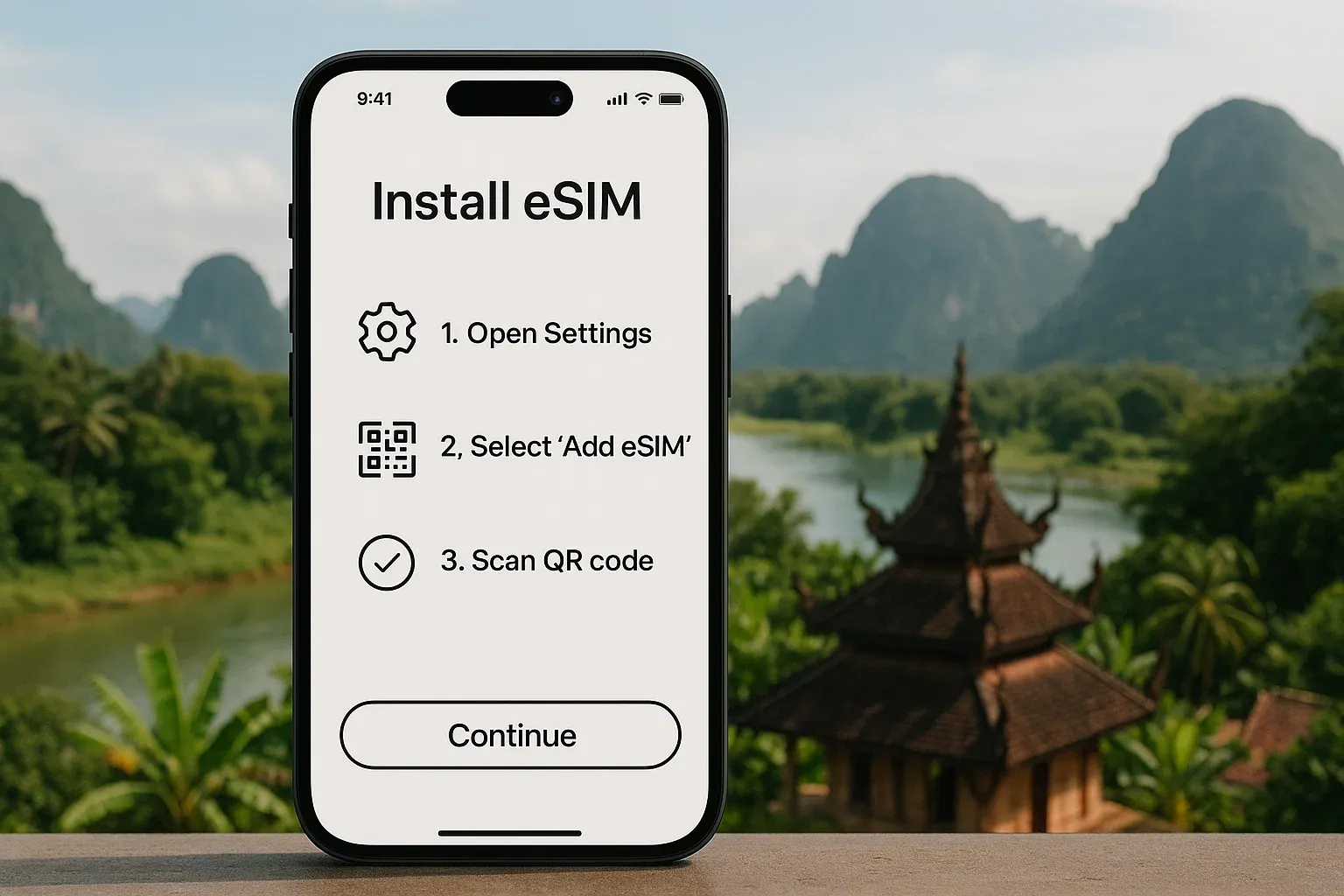 A smartphone showing eSIM installation steps with Southeast Asian landscapes in the background; simple, clear instructional style