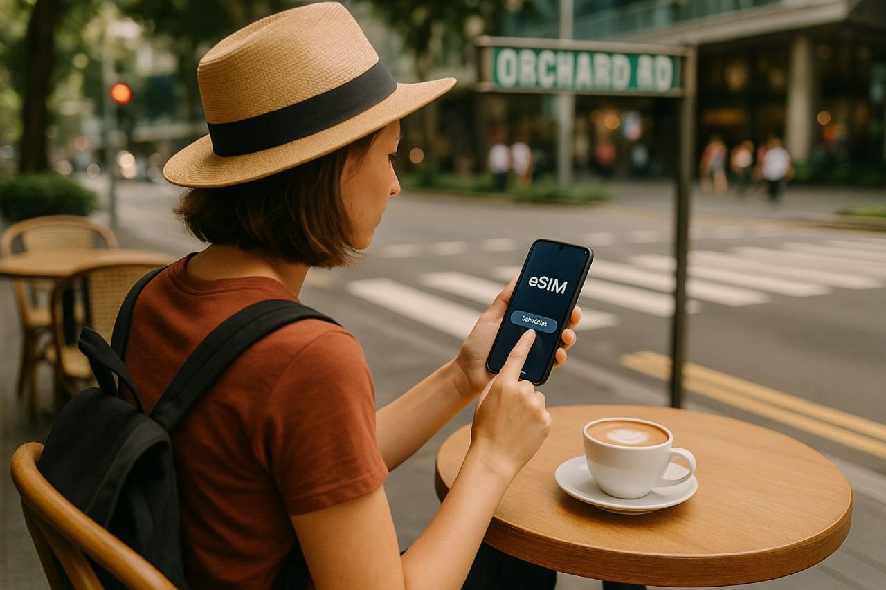 A traveler activating an eSIM on a smartphone while sitting at a café near Orchard Road