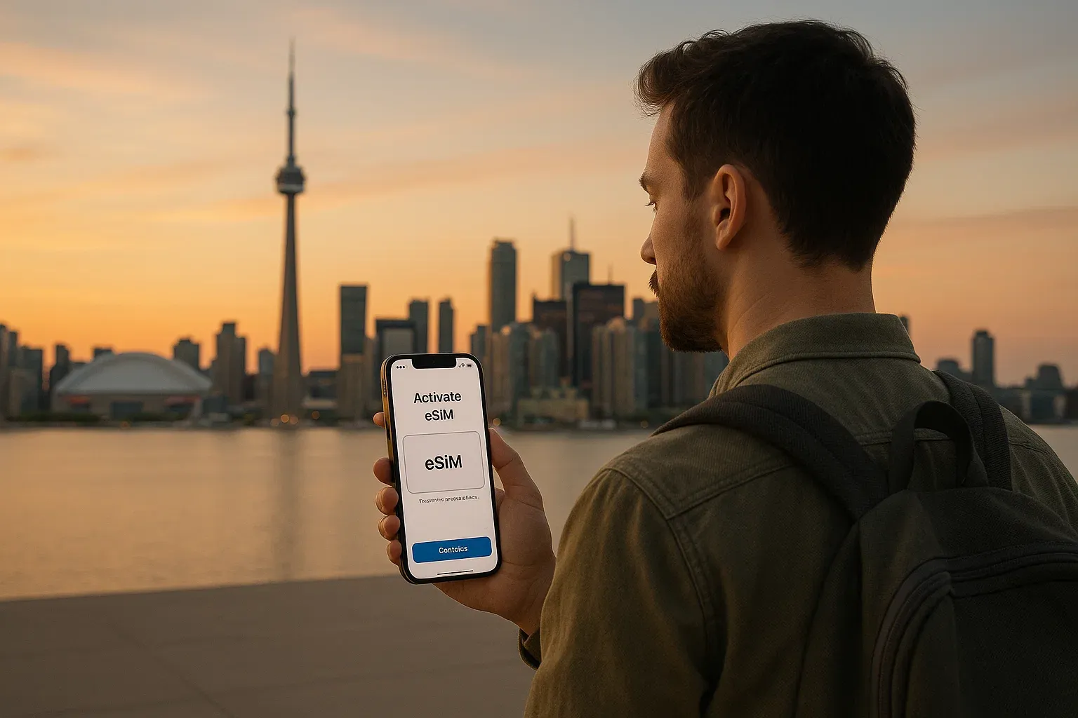 A traveler activating an eSIM on a smartphone while looking out over Toronto’s skyline at sunset