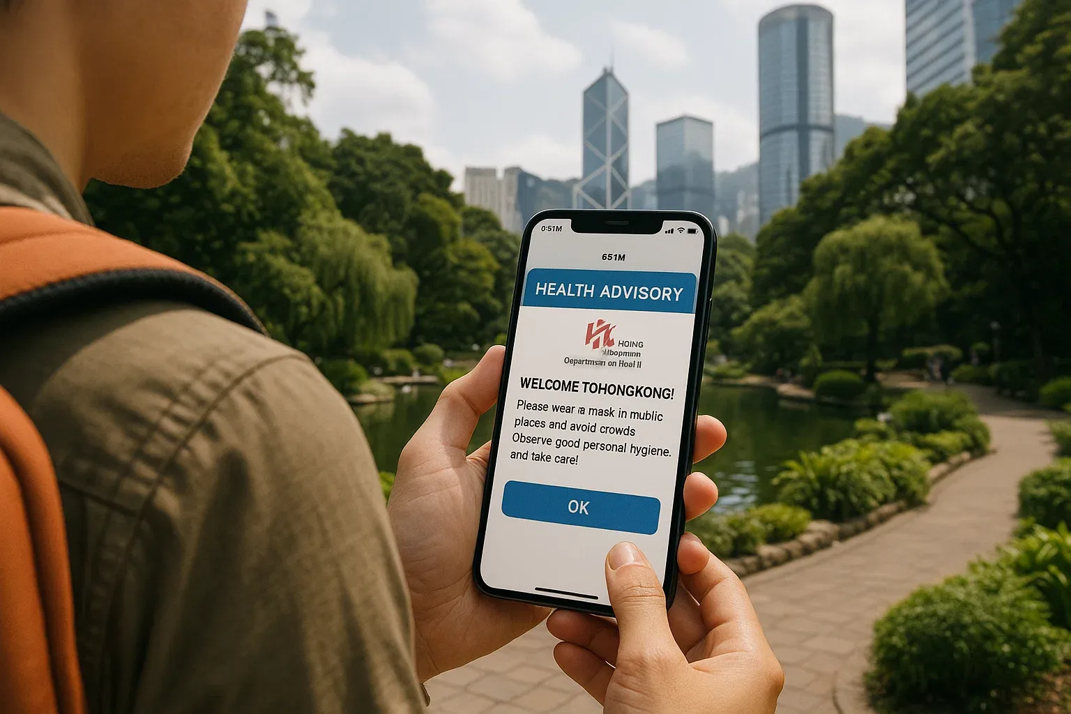 A traveler checking a health advisory on their phone in a Hong Kong park, with their eSIM activated