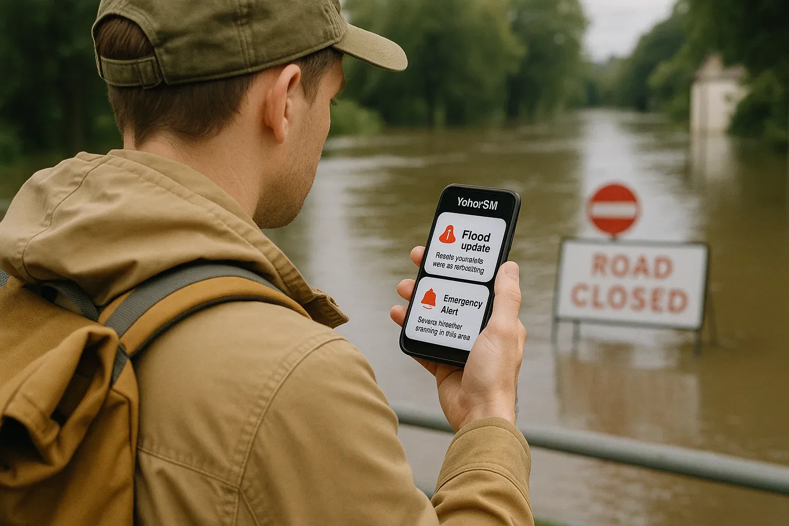 A traveler checking flood updates and emergency notifications on their phone with a Yoho eSIM