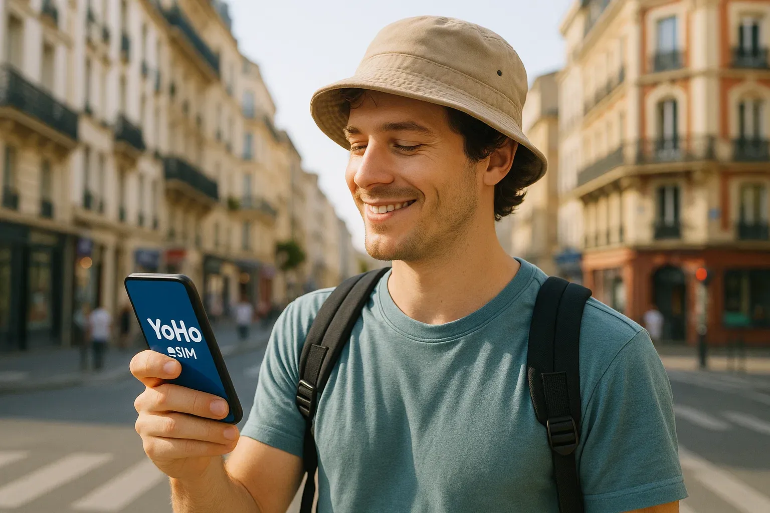 A traveler effortlessly using their mobile data with Yoho eSIM while exploring a new city