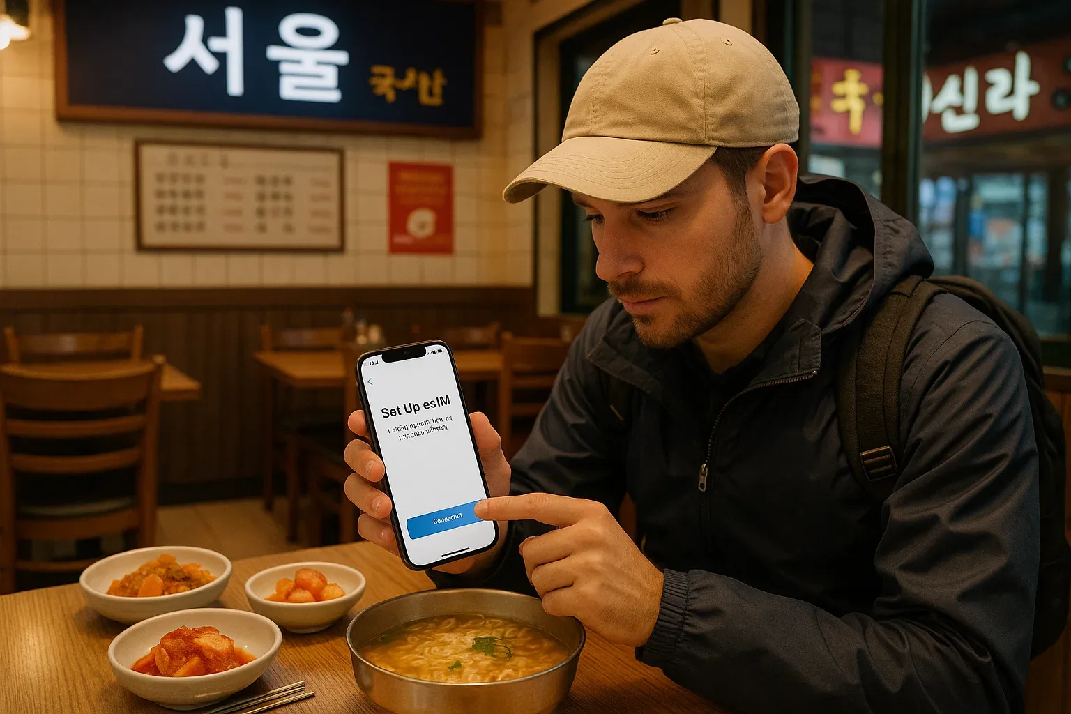 A traveler in Seoul, setting their eSIM in a local restaurant