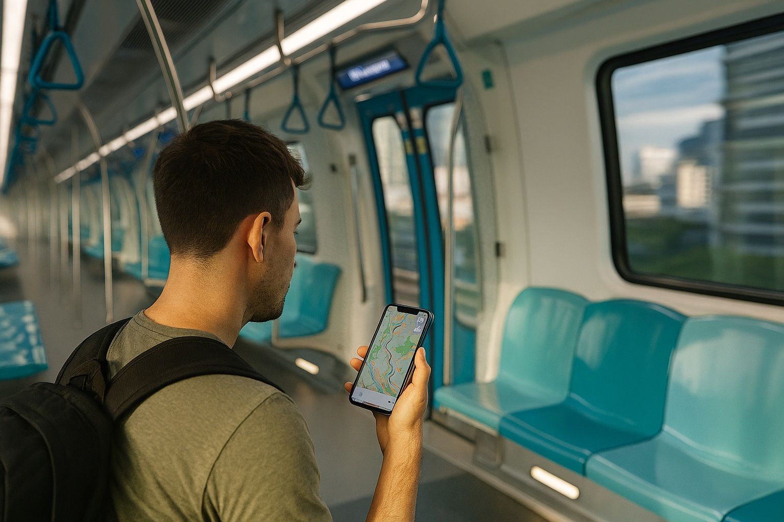 A traveler inside an air-conditioned Kuala Lumpur MRT train, holding a smartphone with map app open, modern interior, motion blur outside windows, urban mobility atmosphere