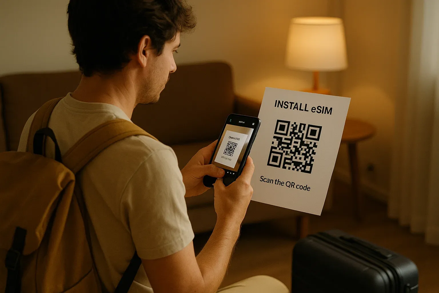 A traveler scanning an eSIM QR code at home before a flight, soft afternoon lighting, simple and user-friendly instructional mood