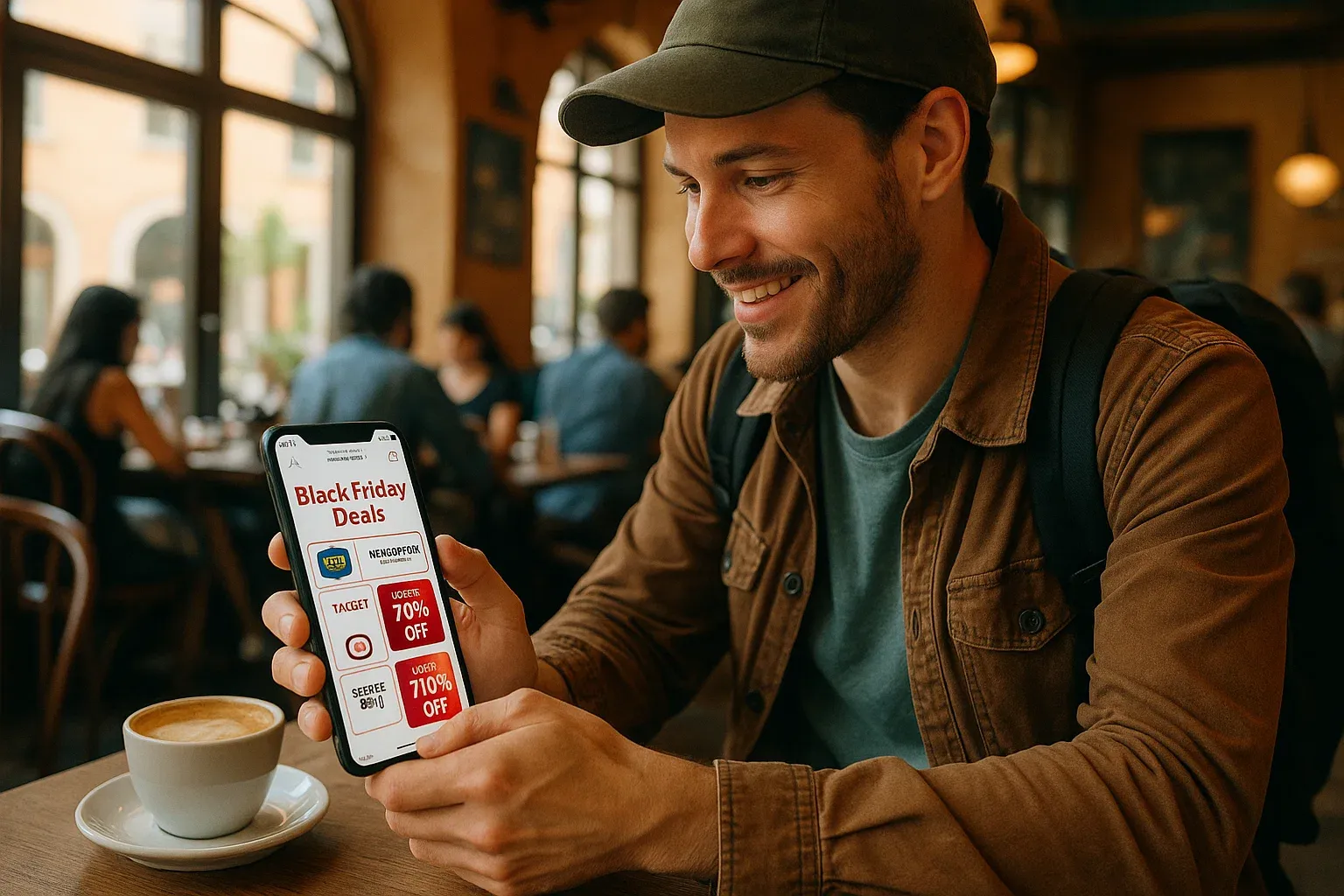 A traveler sitting in a café overseas, using their phone to browse Black Friday deals from US retailers