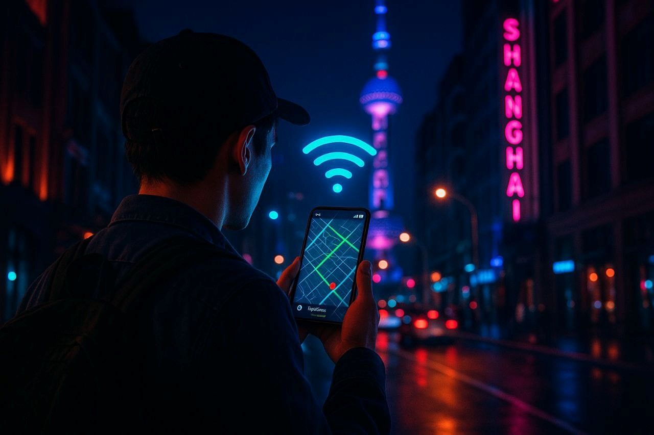 A traveler using a phone to navigate Shanghai streets with GPS maps and a strong network signal