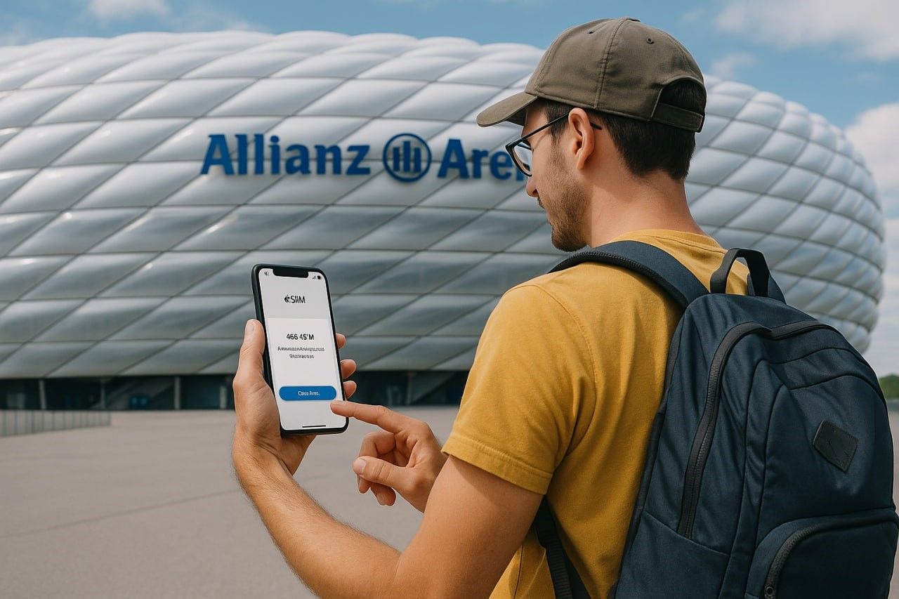 A traveler using their smartphone outside Allianz Arena with visible eSIM setup screen