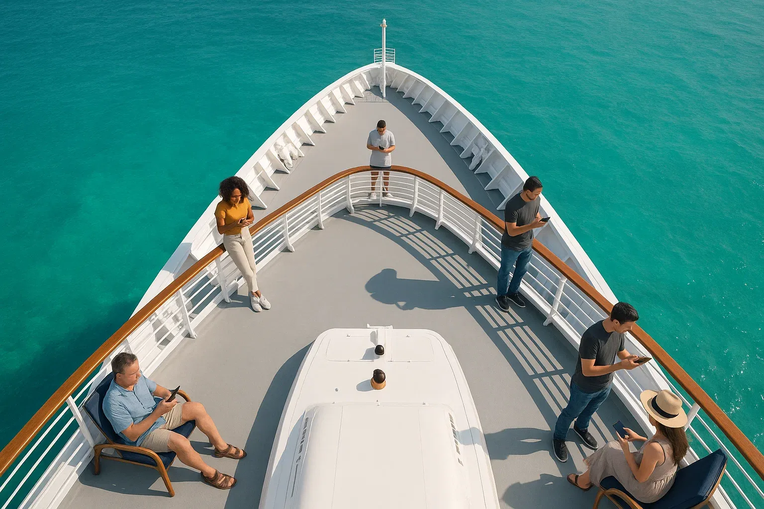 Aerial view of a cruise ship in turquoise Caribbean water, showing travelers using phones with calm, modern vibes — purpose: illustrate mobile connectivity while sailing