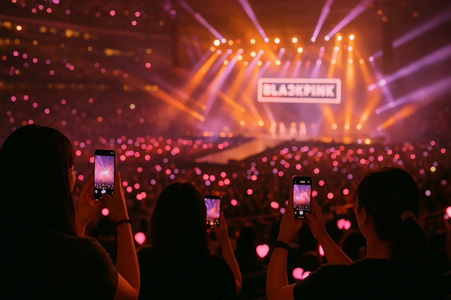 BLACKPINK fans filming the concert stage from stands, glowing lights, real-time sharing atmosphere with supportive guidance tone