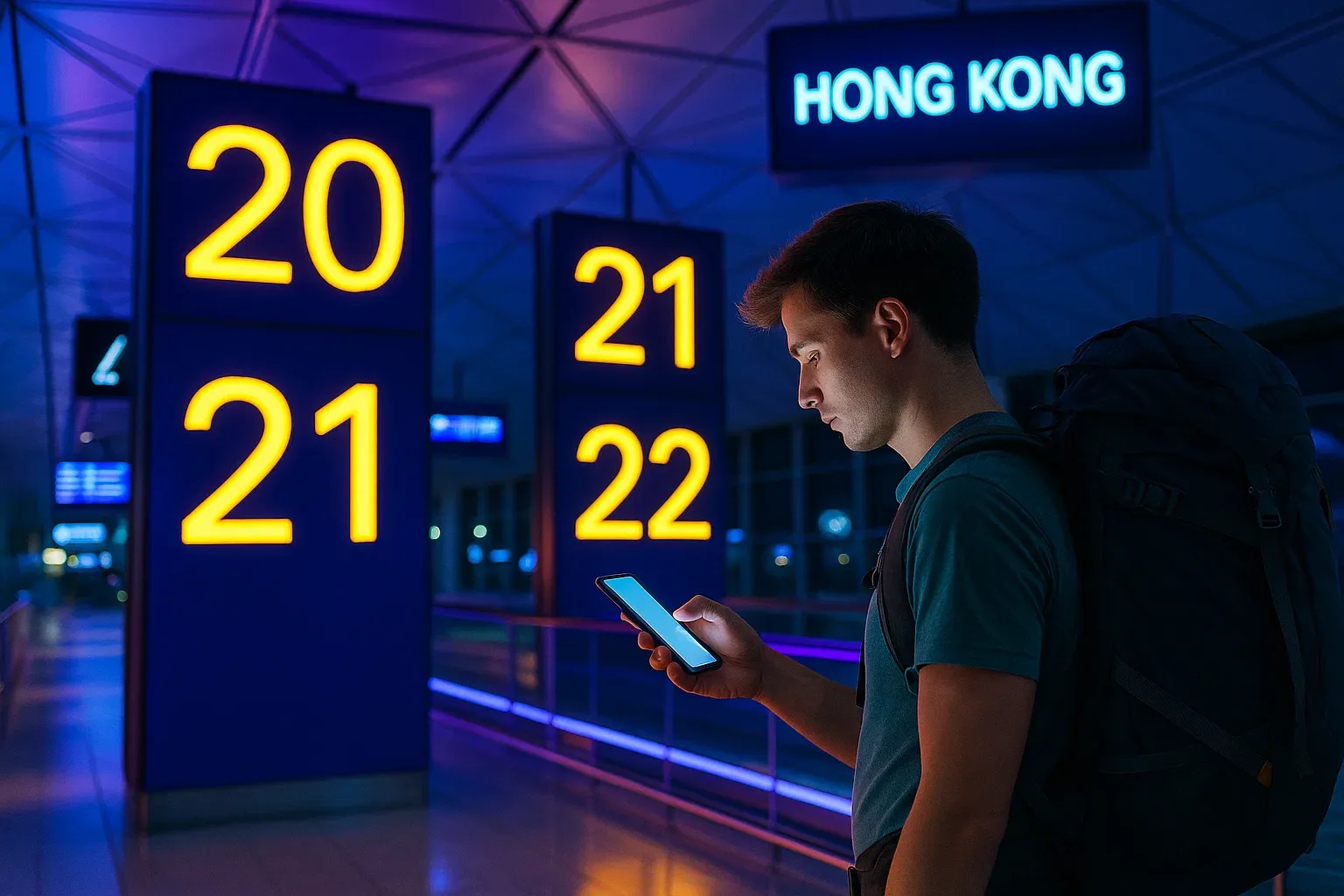Backpacker using phone at Hong Kong Airport while flight gates glow in neon