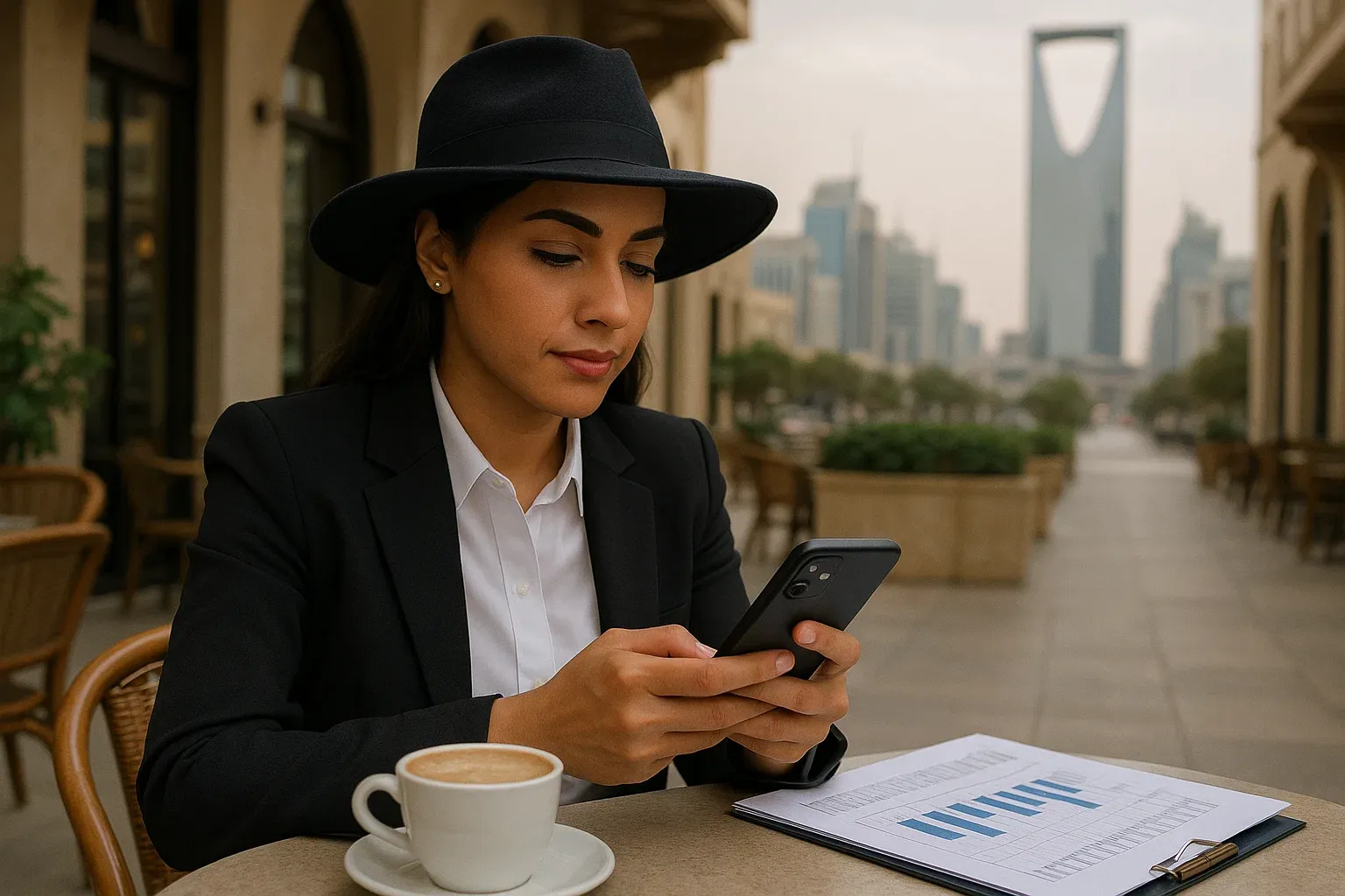 Business professional seated at Riyadh café checking phone with active eSIM connection, business documents and coffee on table — calm productive tone