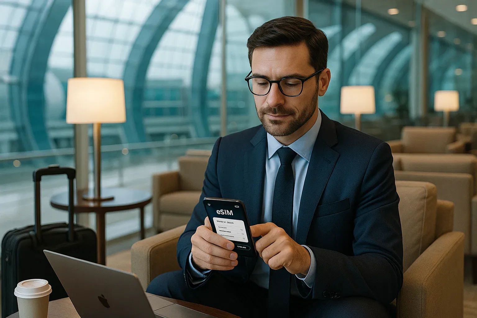 Business traveler at Dubai airport meeting lounge activating eSIM on phone, calm professional setup moment before meetings