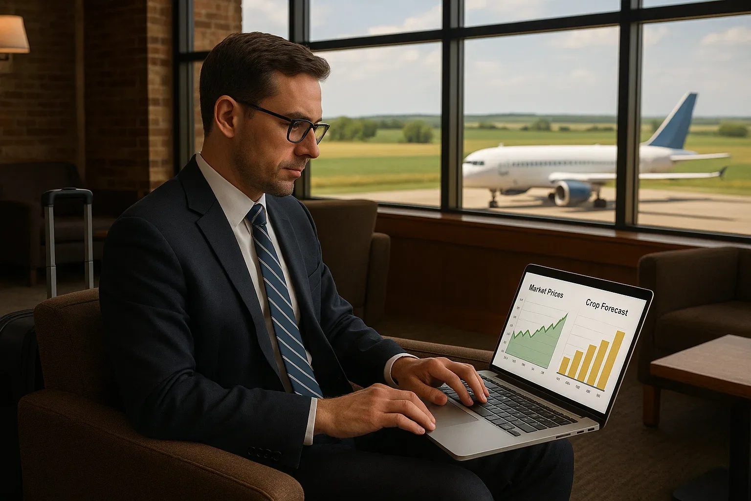 Business traveler checking market prices and crop forecasts on a laptop in a rural airport lounge — balanced professional and global farming theme.