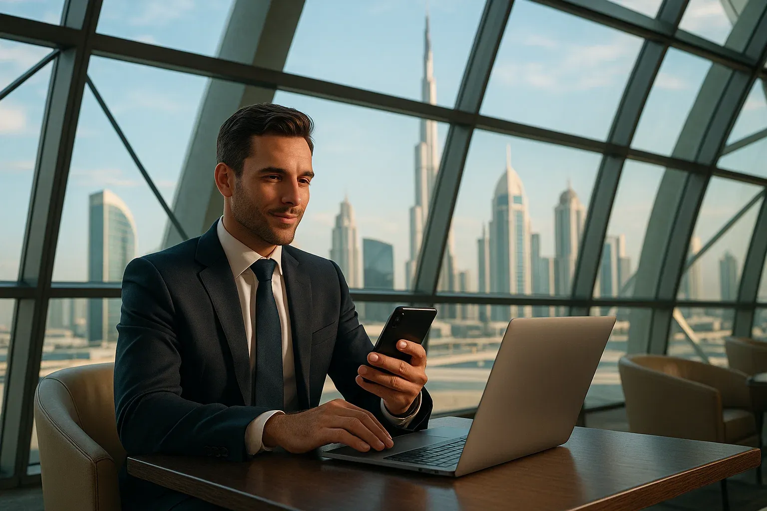 Business traveler in Dubai airport lounge using smartphone and laptop, modern skyline through glass, confident tone highlighting global connectivity