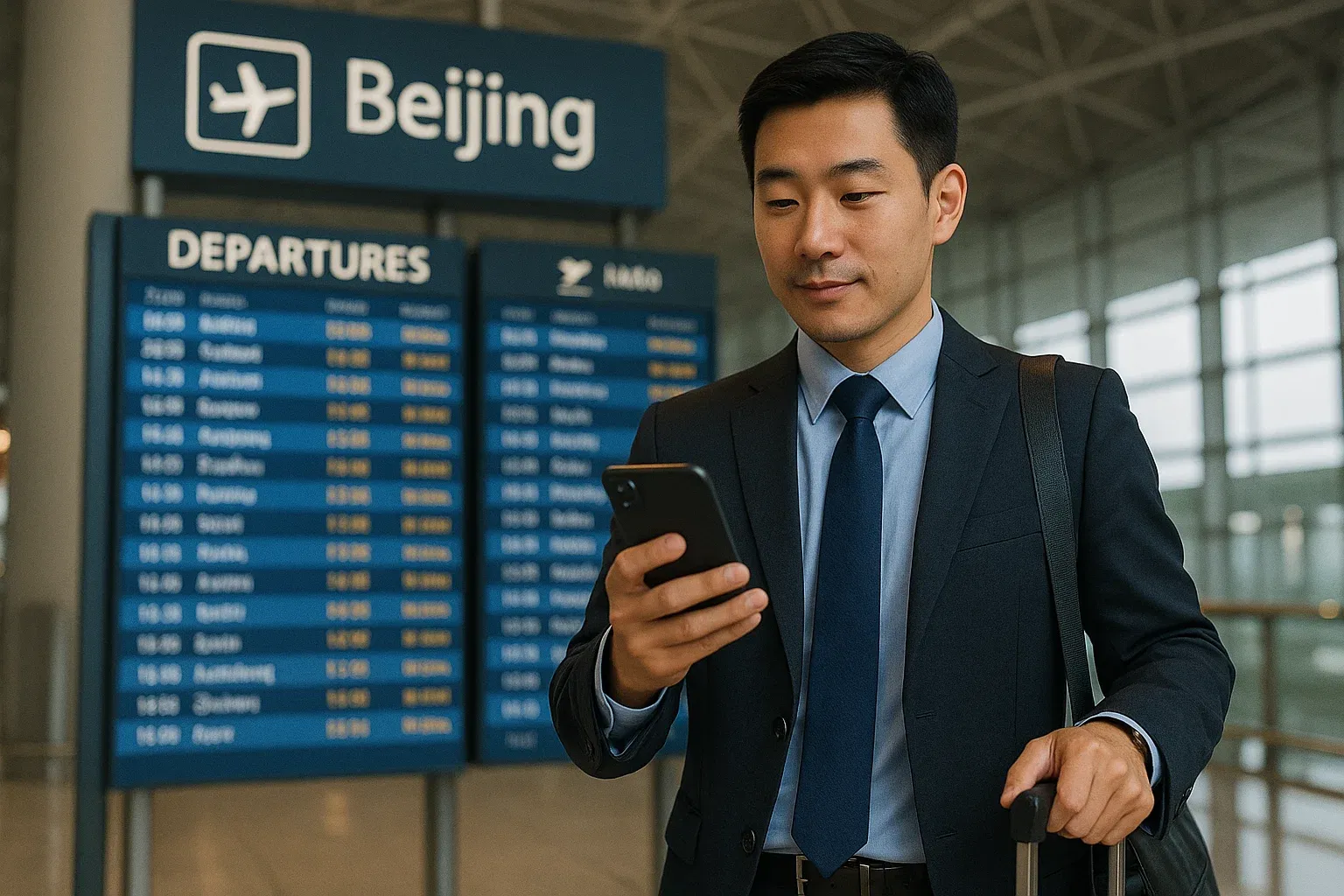 Business traveler walking through Beijing airport activating eSIM on phone, calm confident atmosphere with departure displays