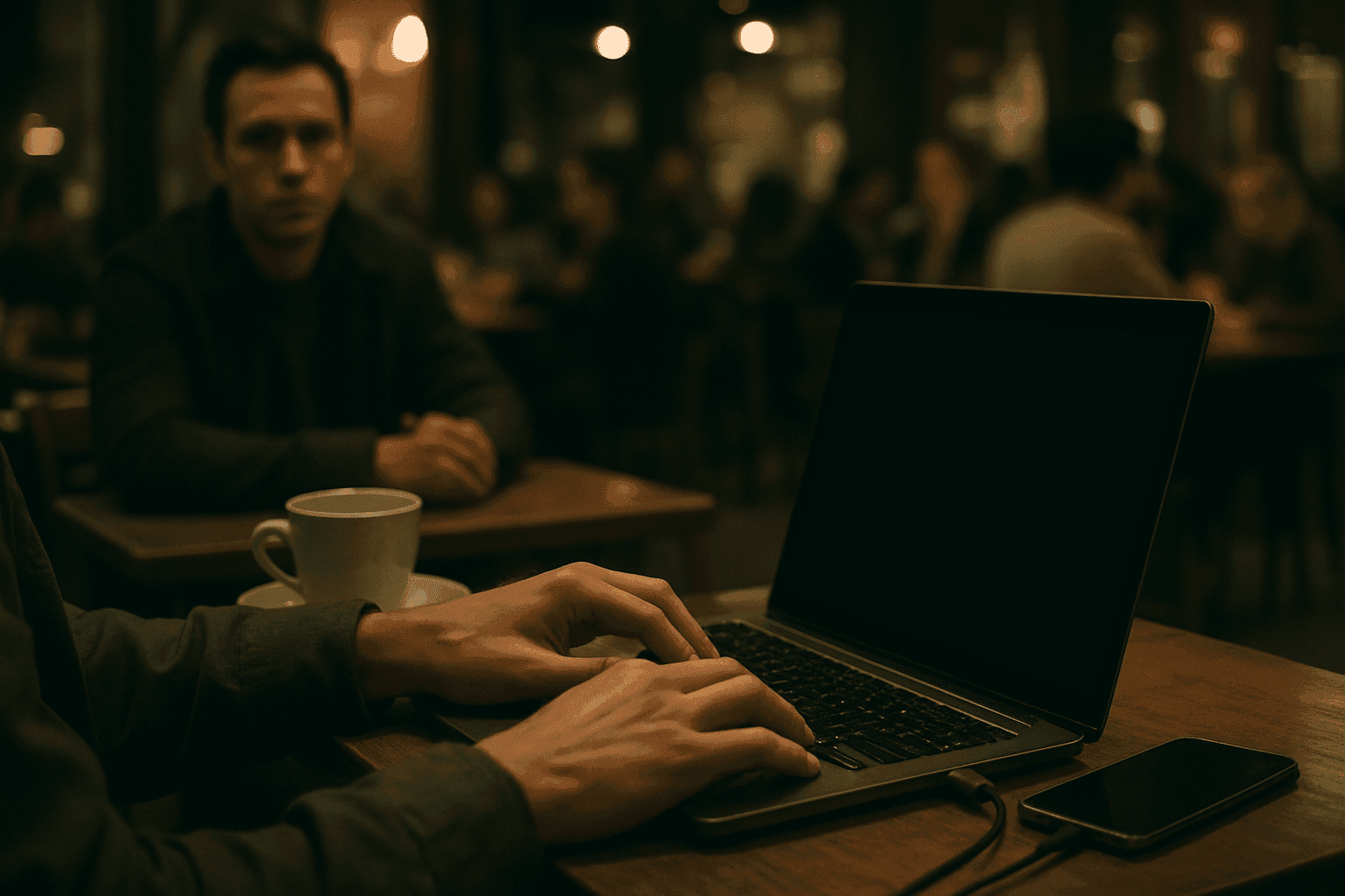 A traveler considering the tethering vs hotspot choice for their laptop's internet connection.