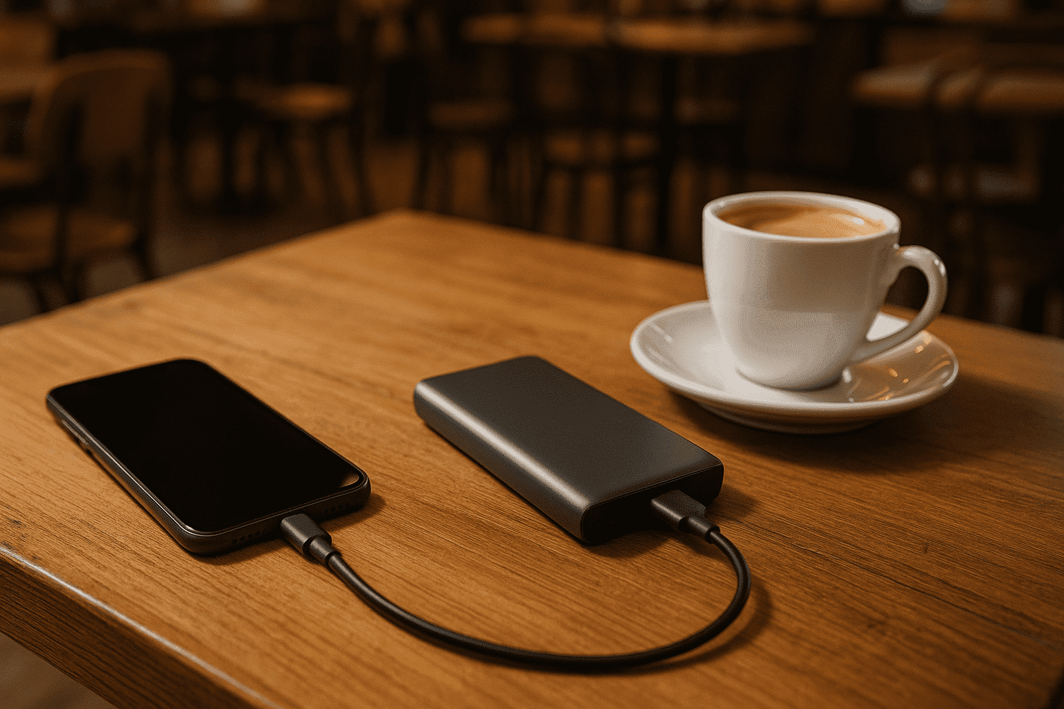هاتف ذكي متصل ببنك طاقة أثناء عمله كنقطة اتصال eSIM للحفاظ على البطارية.