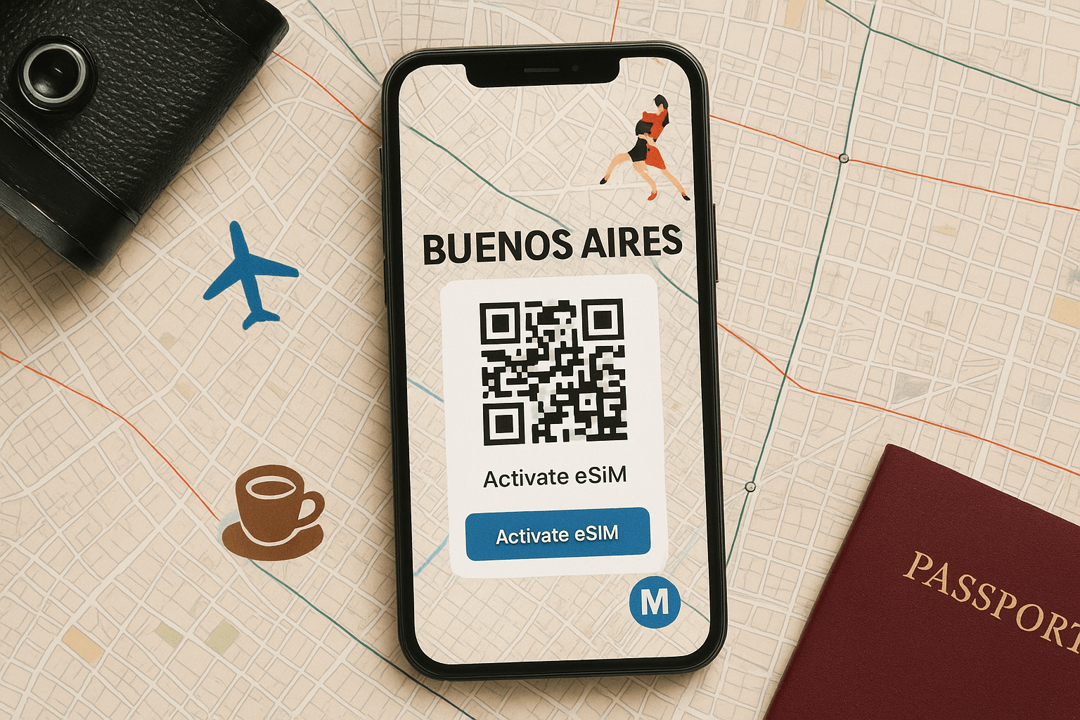 Map and phone showing eSIM activation for Buenos Aires