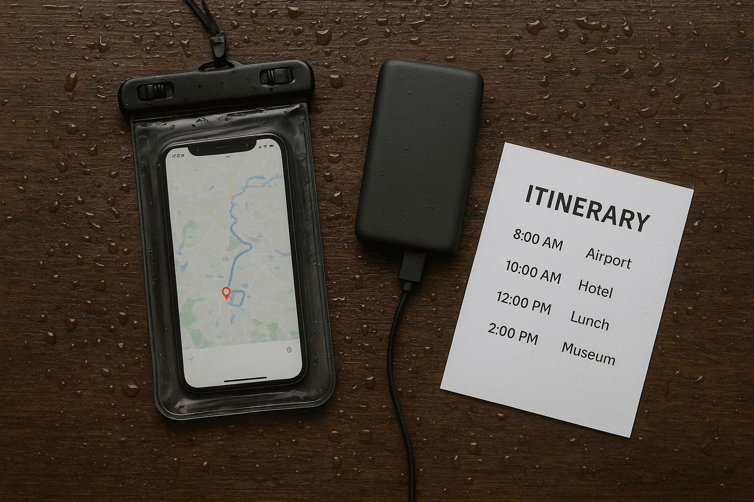 Alt: Waterproof travel kit with smartphone and power bank on wet table