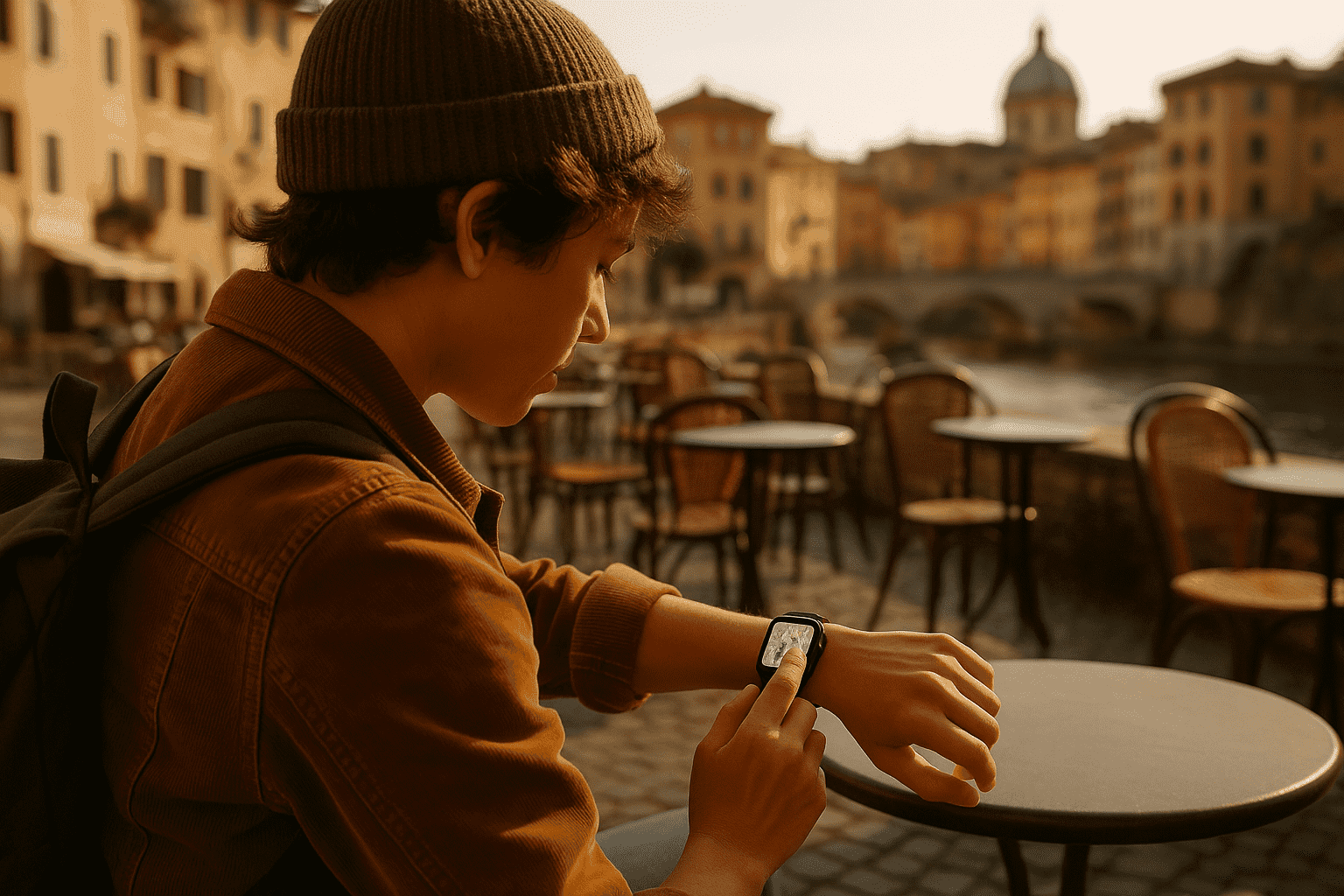 A traveler using their Apple Watch eSIM for connectivity abroad without an iPhone