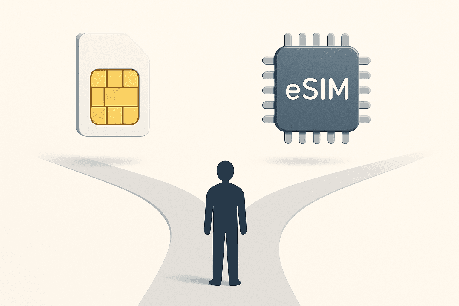 A user choosing between a physical SIM and an eSIM path, deciding if an eSIM is faster or a better option for their lifestyle.