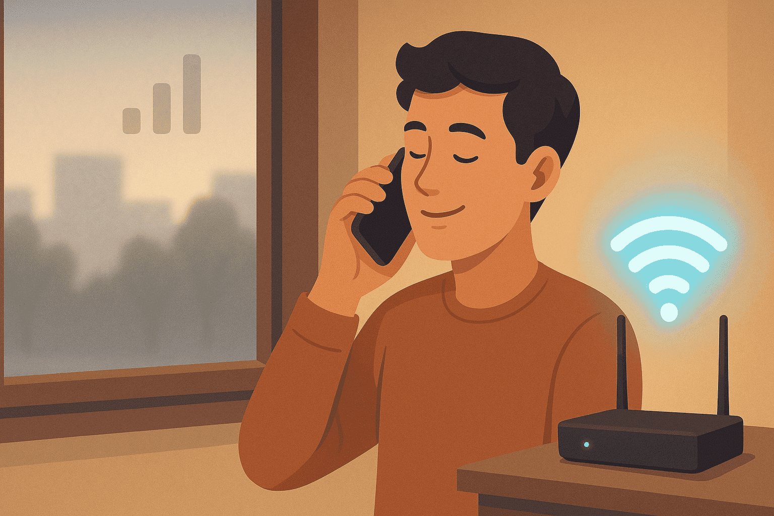 室內使用 Wi-Fi 通話進行清晰通話，與室外微弱的行動訊號形成對比