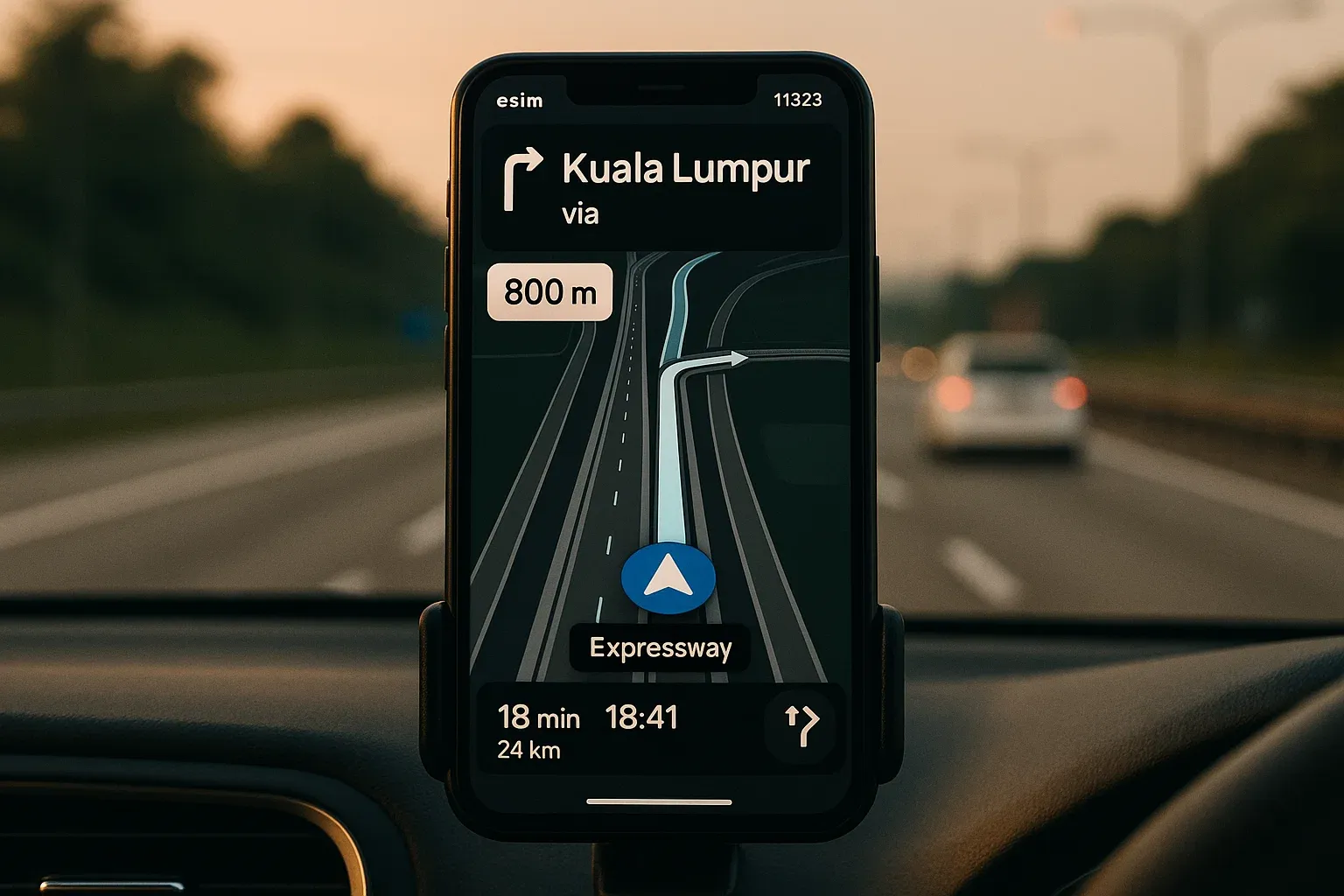 Close-up of a phone running navigation in a moving car on a Malaysian expressway; soft evening light, clear lane guidance, focus on simple eSIM setup powering maps