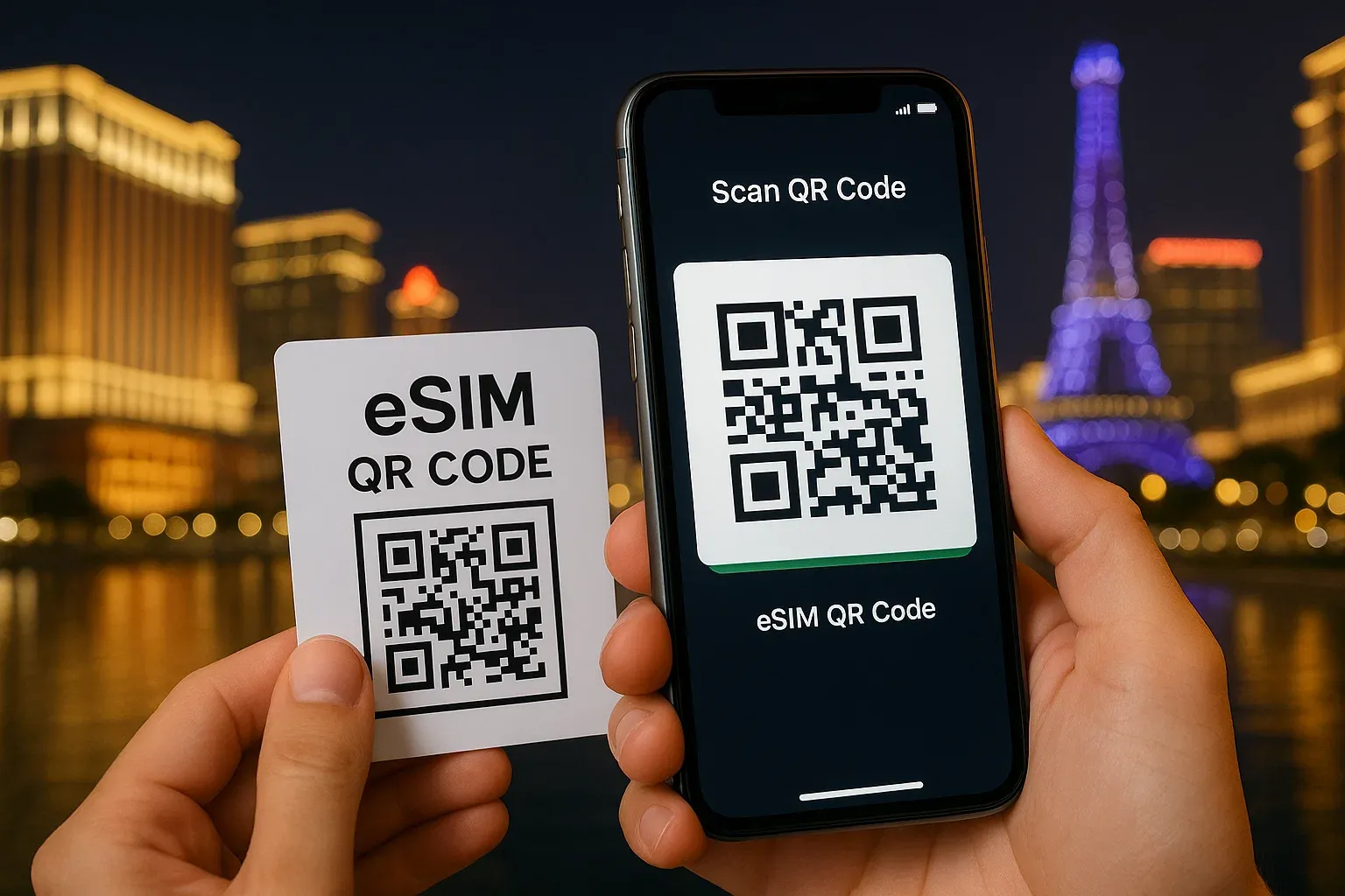 Close-up of a phone scanning an eSIM QR code with the Cotai Strip lights in the background; polished instructional style
