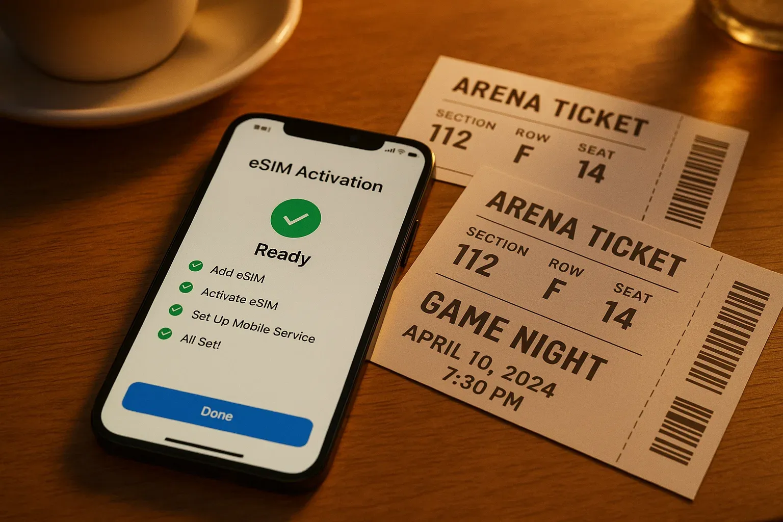 Close-up of a phone showing eSIM activation next to arena tickets on a café table; warm evening tones, clean layout, clear focus on step-by-step readiness for game night
