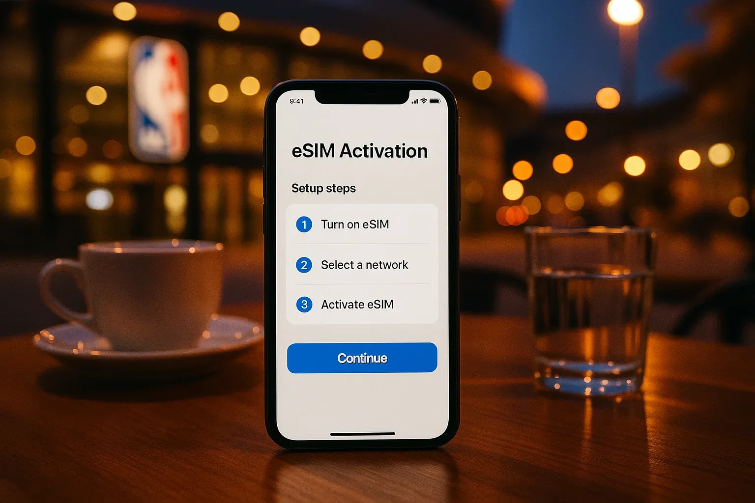 Close-up of a phone showing eSIM activation on a café table near an NBA arena; warm evening tones, clean composition, focus on clear setup steps before the game