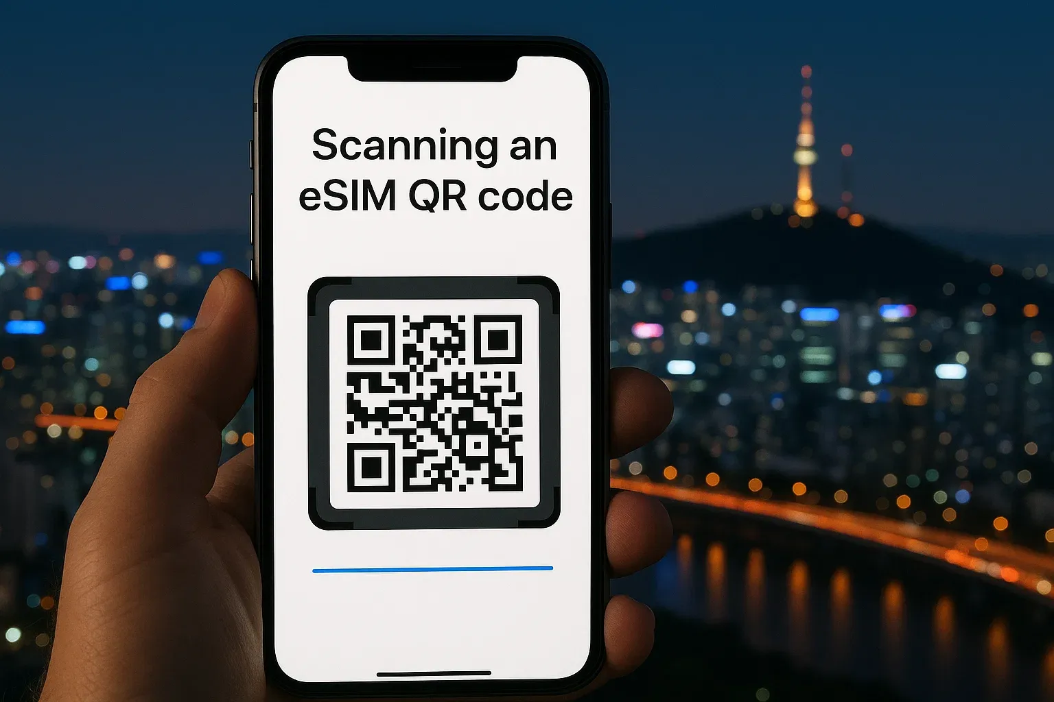 Close-up of a smartphone scanning an eSIM QR code with Seoul city lights in the background; clean, modern instructional tone