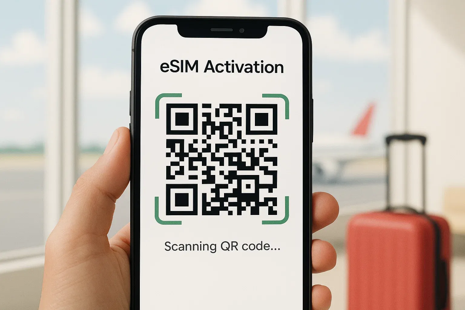 Close-up of a smartphone screen showing a QR code being scanned for eSIM activation, bright travel environment, clean instructional style