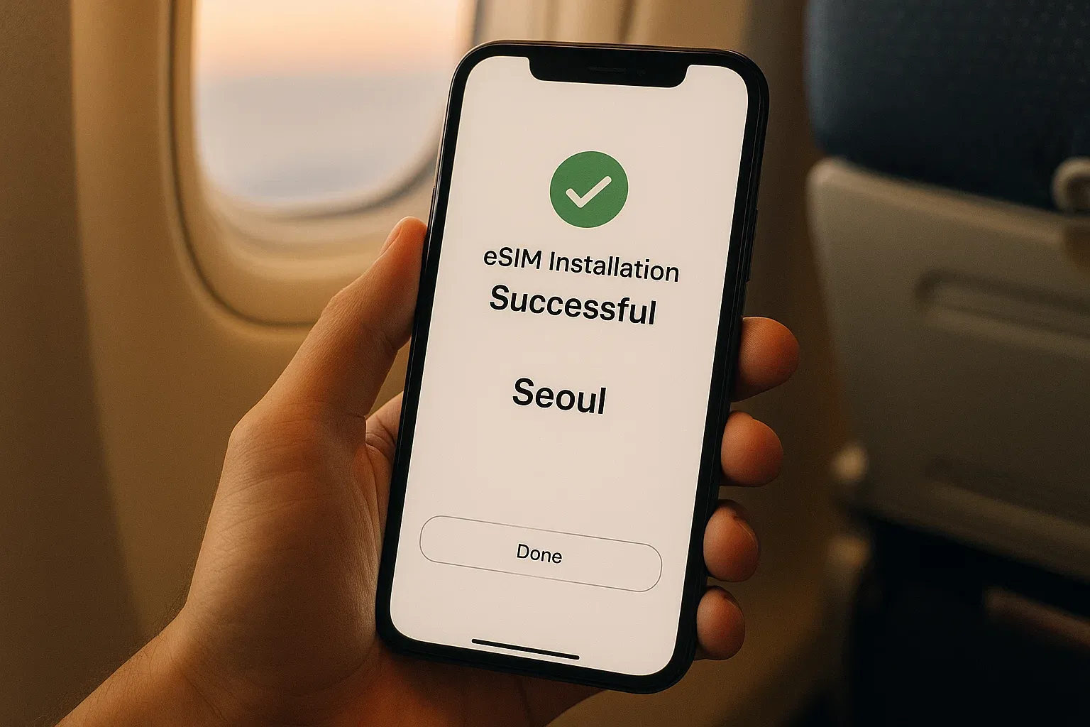 Close-up of a traveler’s smartphone showing successful eSIM installation screen while seated on a plane to Seoul; calm lighting and travel anticipation mood