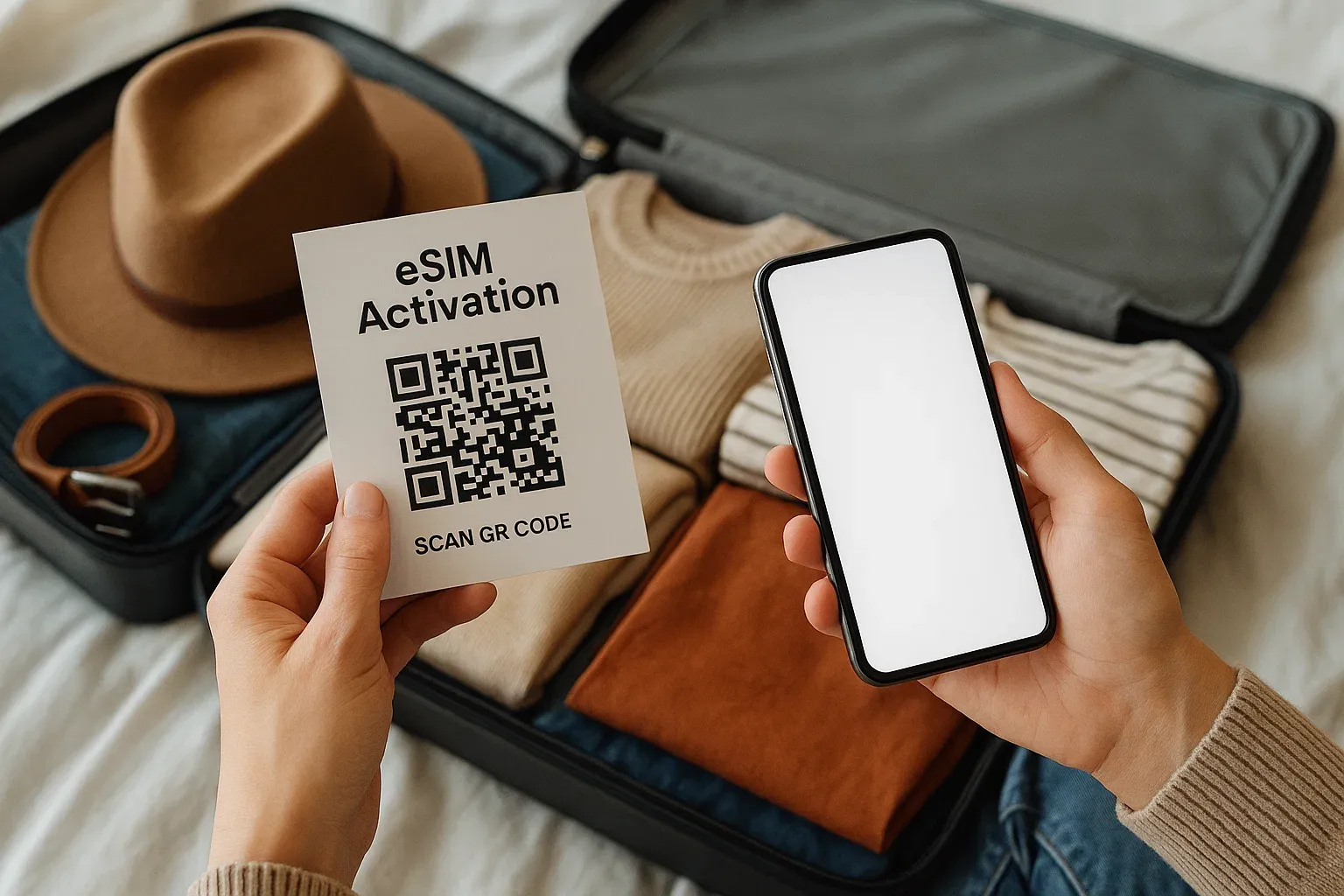 Close-up of a traveler scanning a QR code for eSIM activation at home while packing a suitcase, soft daylight, helpful and instructional tone