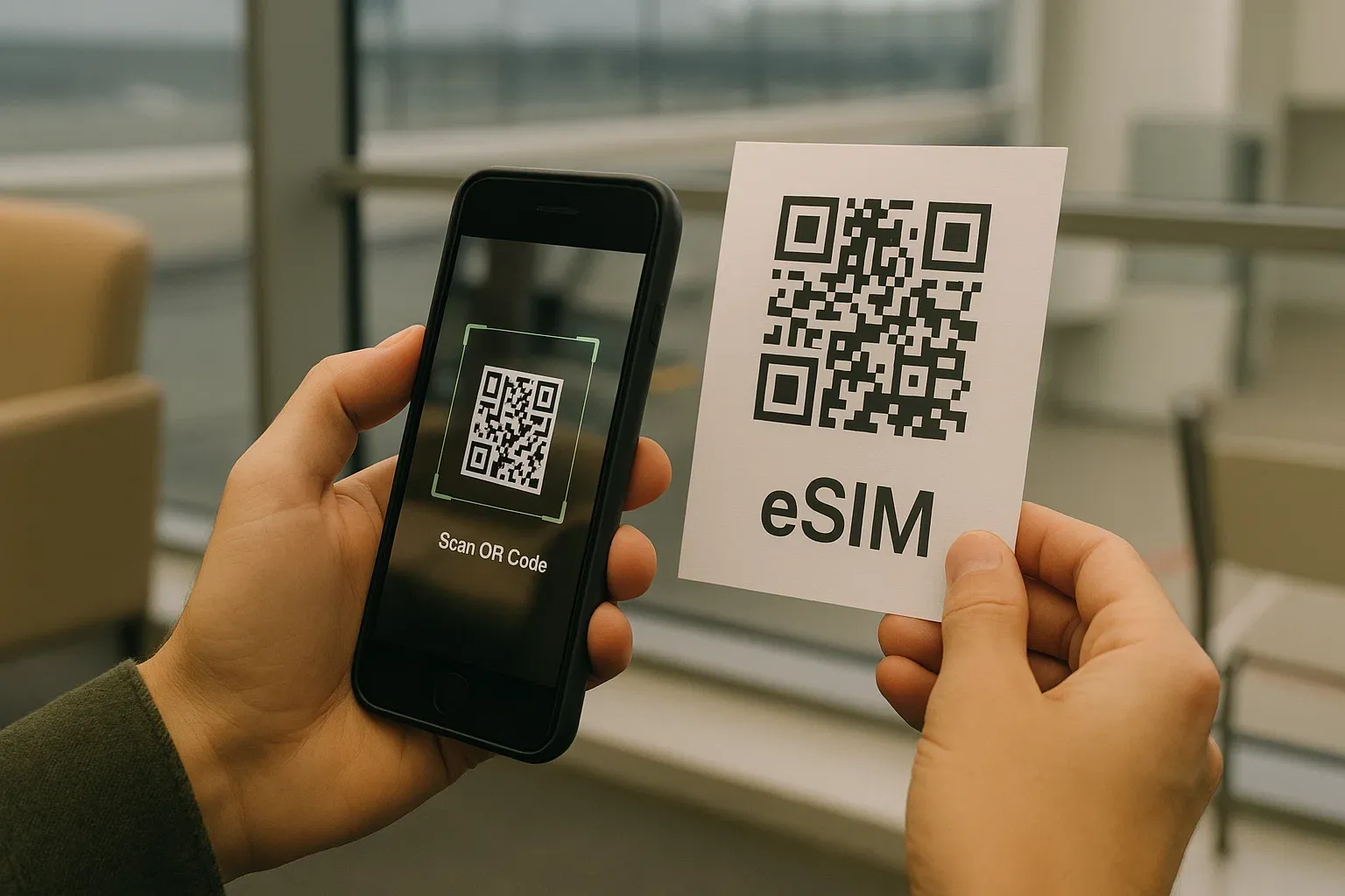 Close-up of a traveler scanning an eSIM QR code inside an airport lounge, clean background, calm lighting, instructional tone
