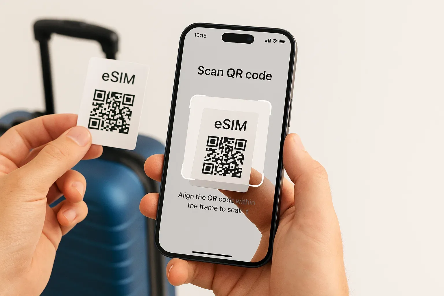 Close-up of a traveler scanning an eSIM QR code on a smartphone, clean background, travel-focused mood, simple instructional tone