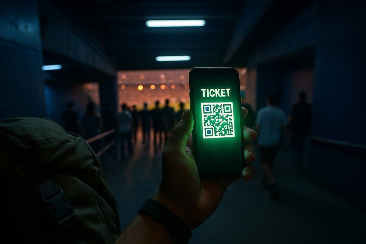 Close-up of a traveler using a smartphone with a glowing QR-code ticket inside a dimly lit stadium corridor