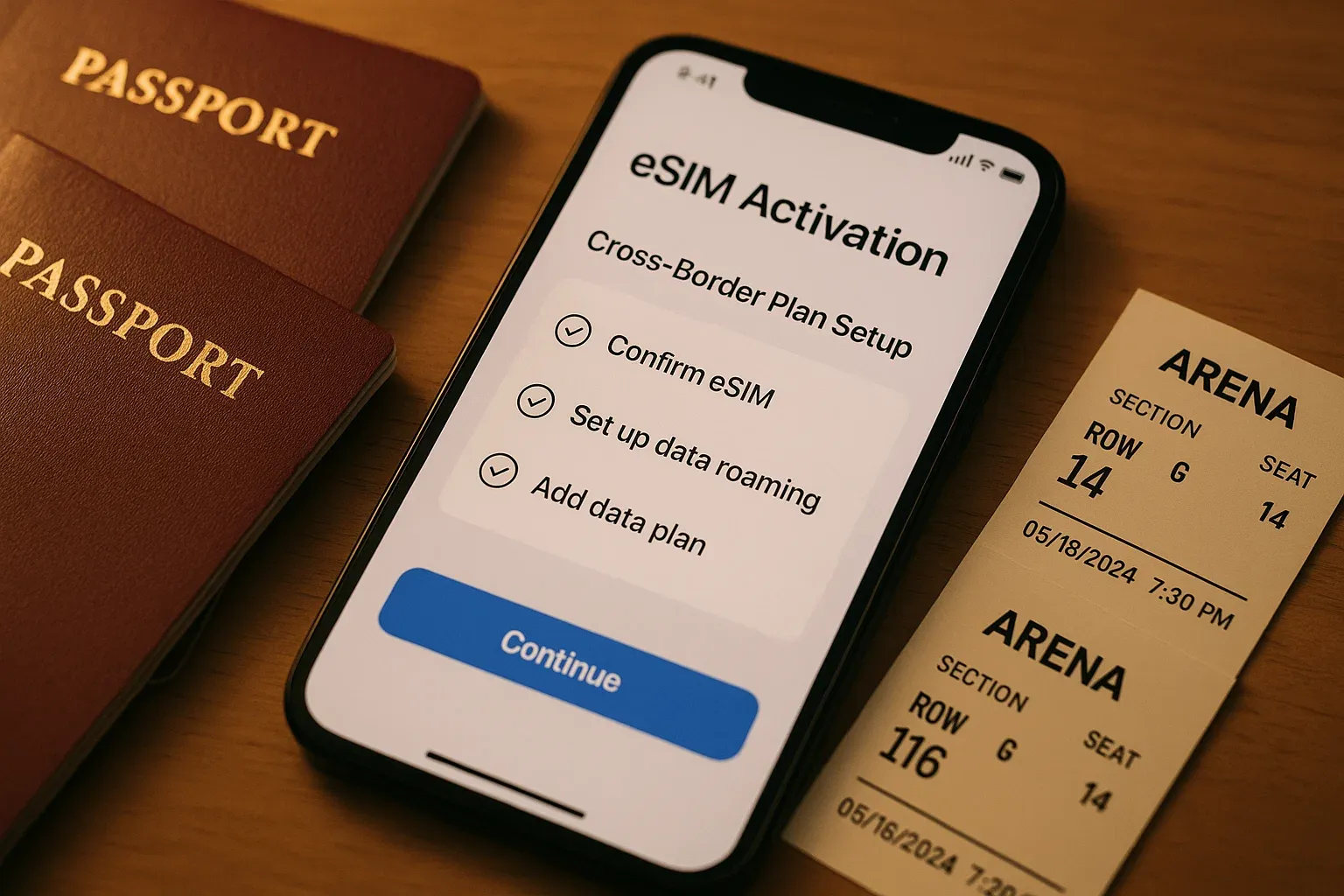 Close-up of eSIM activation screen on a smartphone beside passports and arena tickets on a table; warm indoor light, clean layout, focus on simple cross-border setup steps