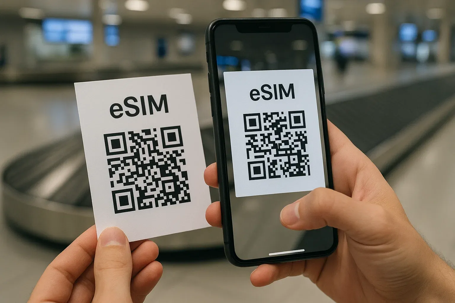 Close-up of phone scanning QR eSIM code at airport luggage area, clean lighting, showing independence from local SIM vendors