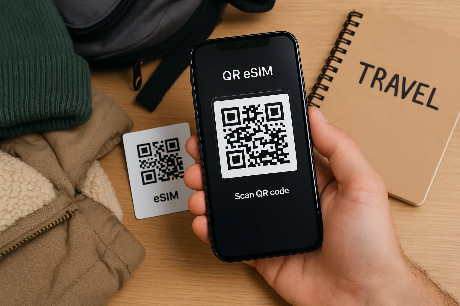 Close-up of smartphone scanning QR eSIM code on desk with backpack, winter clothing, and travel notebook — image for article illustration