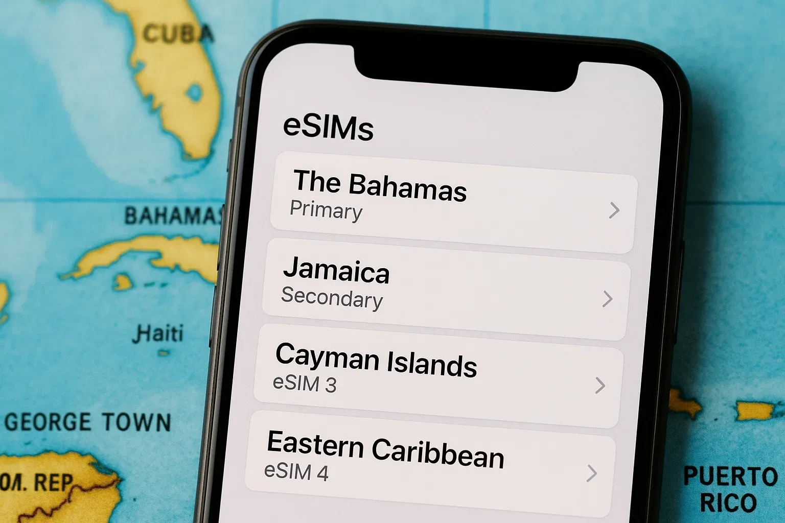 Close-up of smartphone screen showing multiple eSIM profiles with Caribbean map in background