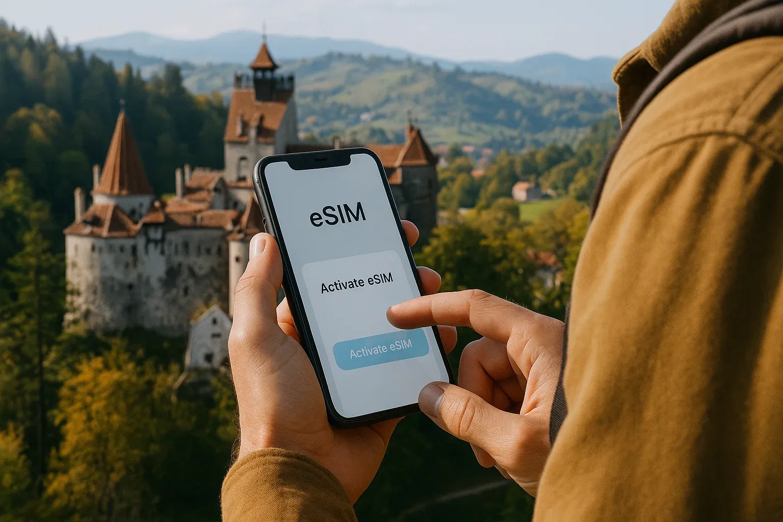 Close-up of traveler activating eSIM on phone against view of Bran Castle hills